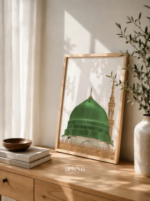 Green Dome wall art close up dengan ilustrasi Kubah Hijau Masjid Nabawi dan menara Madinah