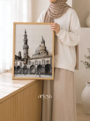 Al Azhar Mosque Wall Art bergaya sketch watercolor, menampilkan Masjid Al-Azhar Kairo dengan nuansa arsitektur Islam yang elegan.