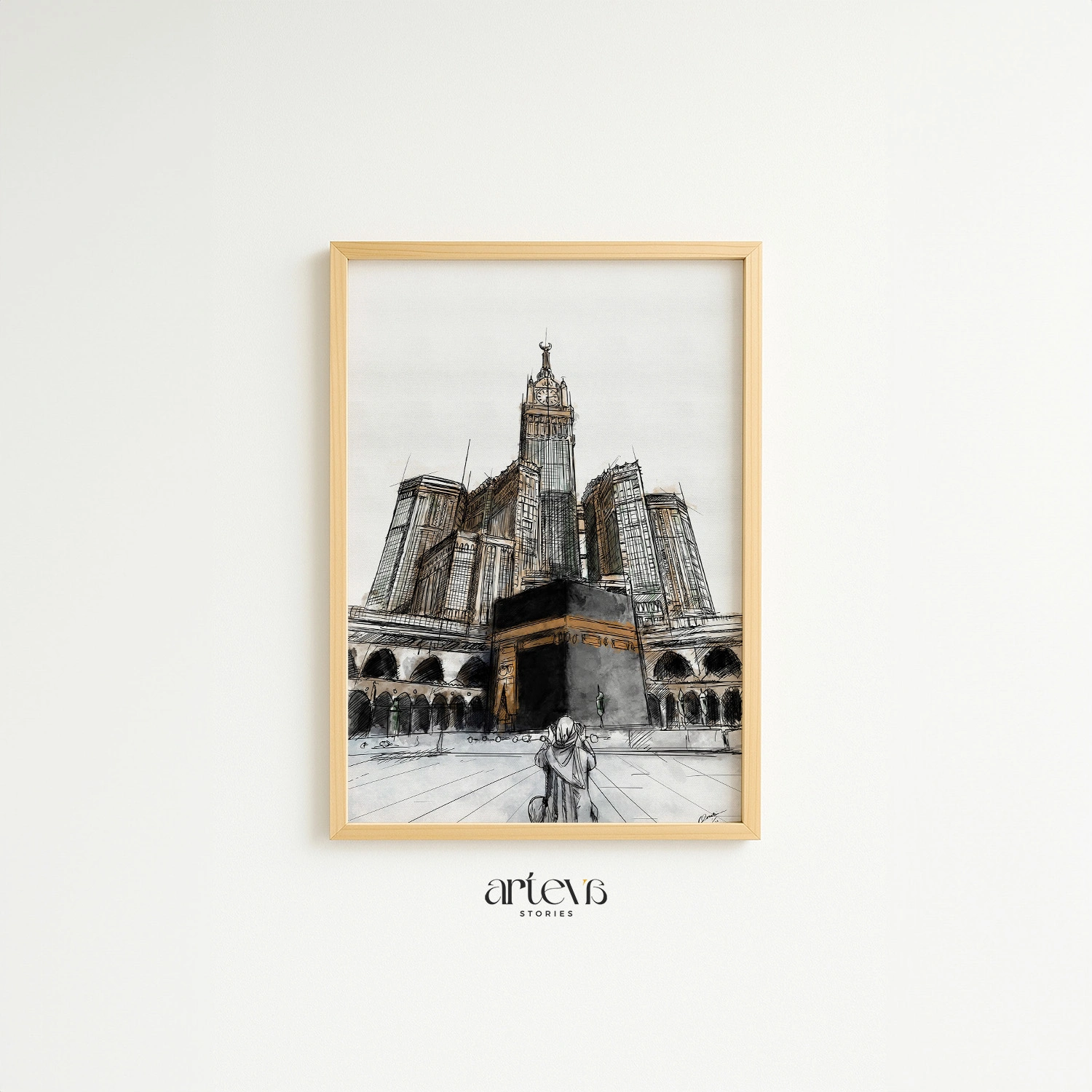 Kaaba Makkah Clock Tower Wall Art - Sacred Sketch Watercolor - Gambar 9