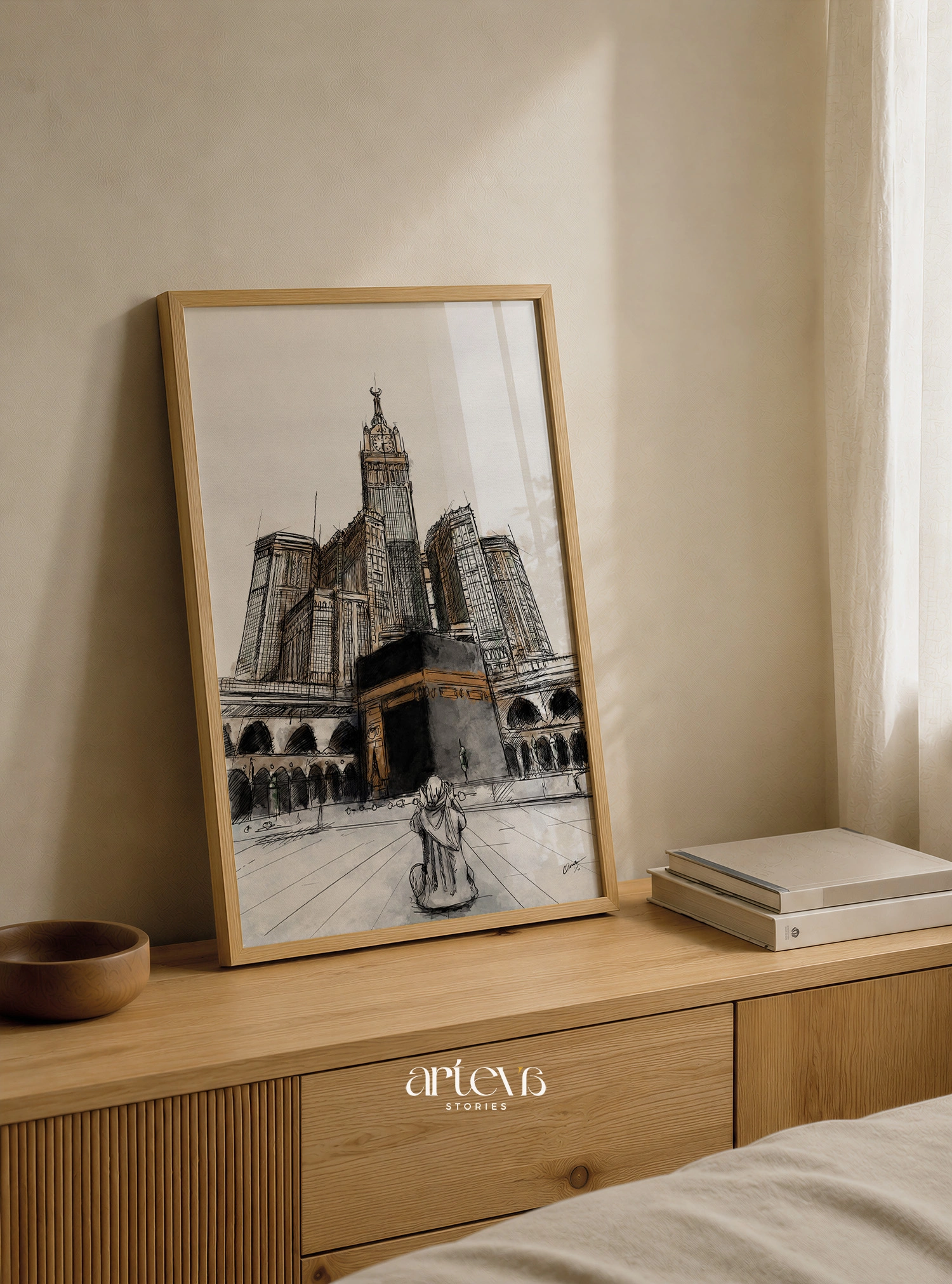 Kaaba Makkah Clock Tower Wall Art - Sacred Sketch Watercolor - Gambar 4