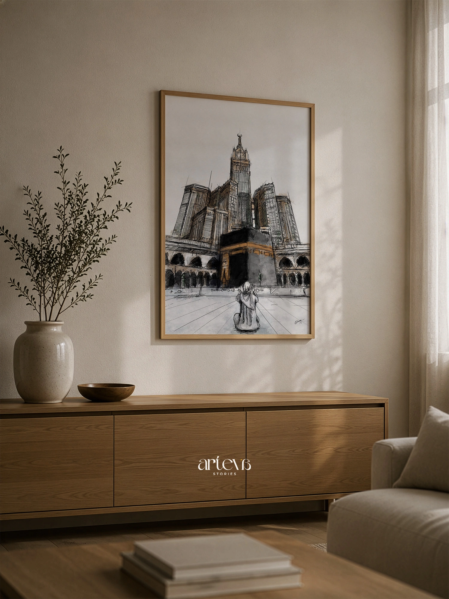 Kaaba Makkah Clock Tower Wall Art - Sacred Sketch Watercolor - Gambar 5