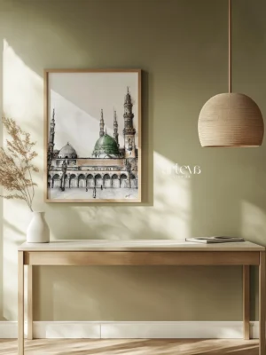 Masjid Nabawi Wall Art bergaya sketch watercolor dengan Green Dome, menara, dan arsitektur Madinah yang lembut.