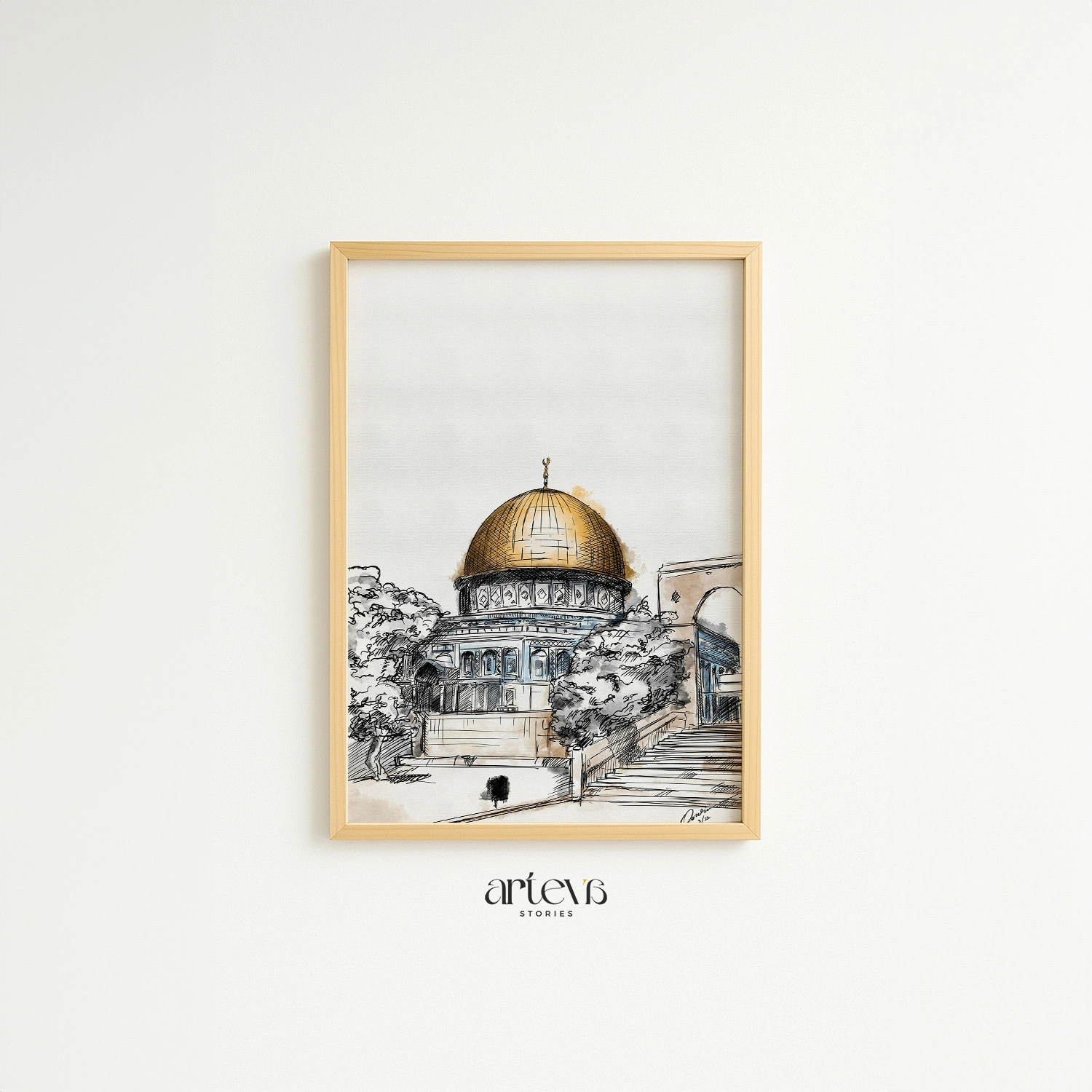 Dome of the Rock Wall Art - Palestine Sketch Watercolor - Gambar 9