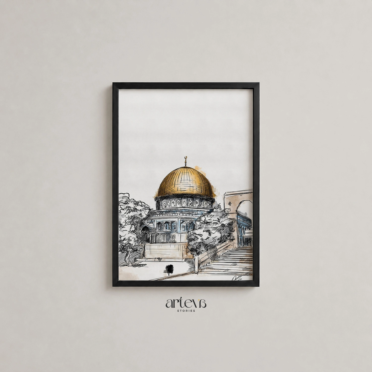 Dome of the Rock Wall Art - Palestine Sketch Watercolor - Gambar 10