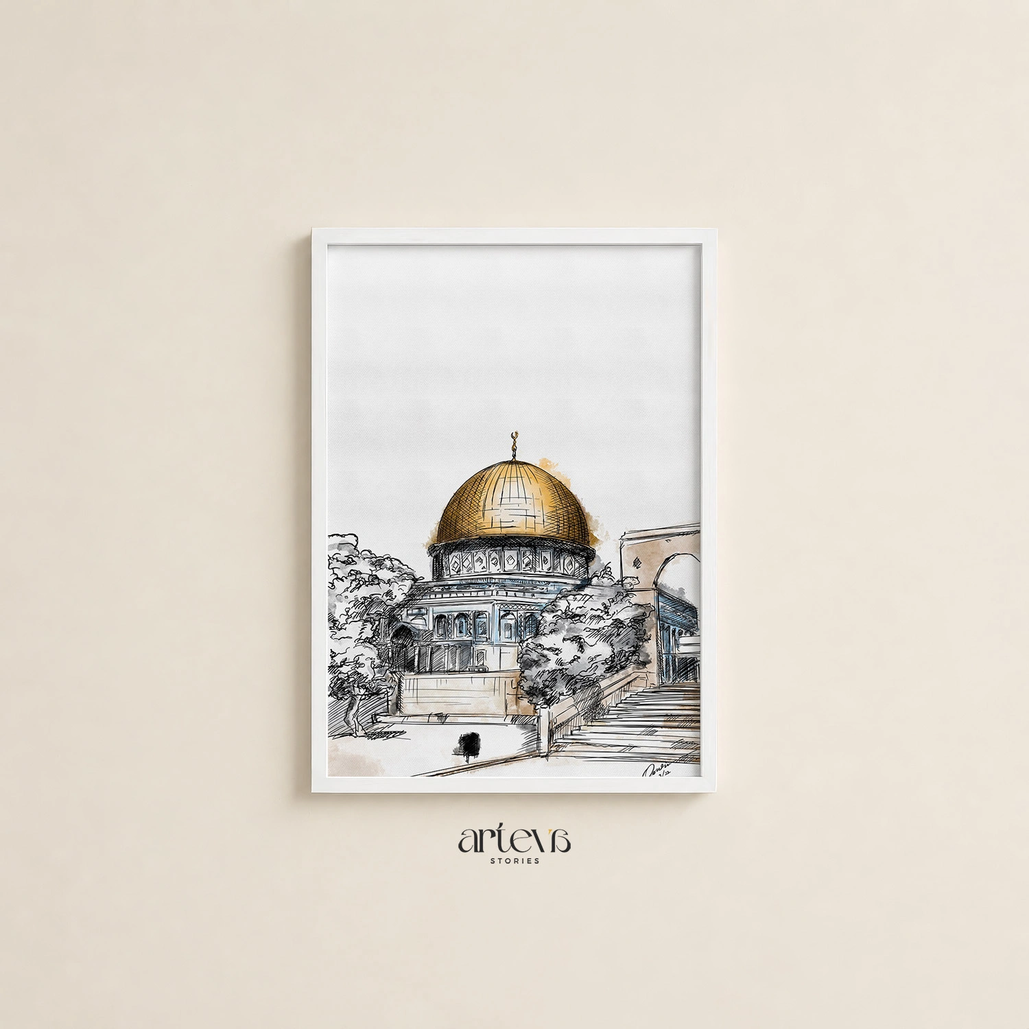 Dome of the Rock Wall Art - Palestine Sketch Watercolor - Gambar 11