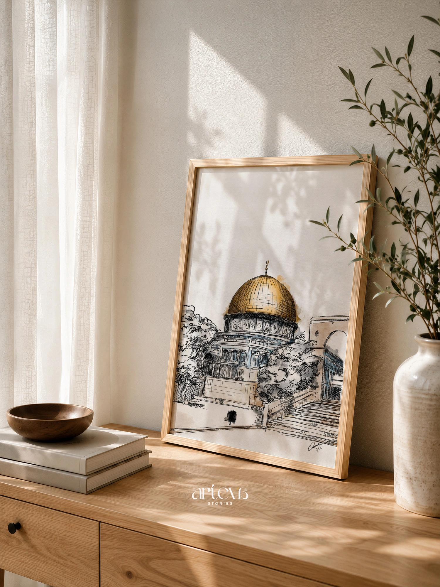 Dome of the Rock Wall Art bergaya sketch watercolor dengan kubah emas ikonik, nuansa Palestina, dan arsitektur Islam.