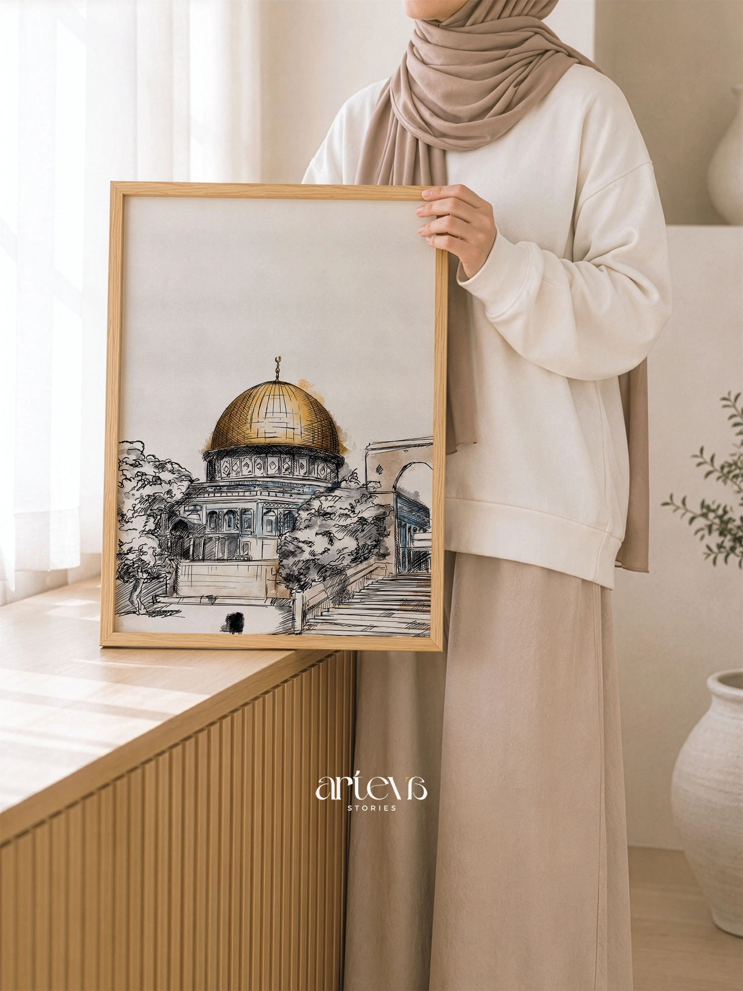Dome of the Rock Wall Art - Palestine Sketch Watercolor - Gambar 4