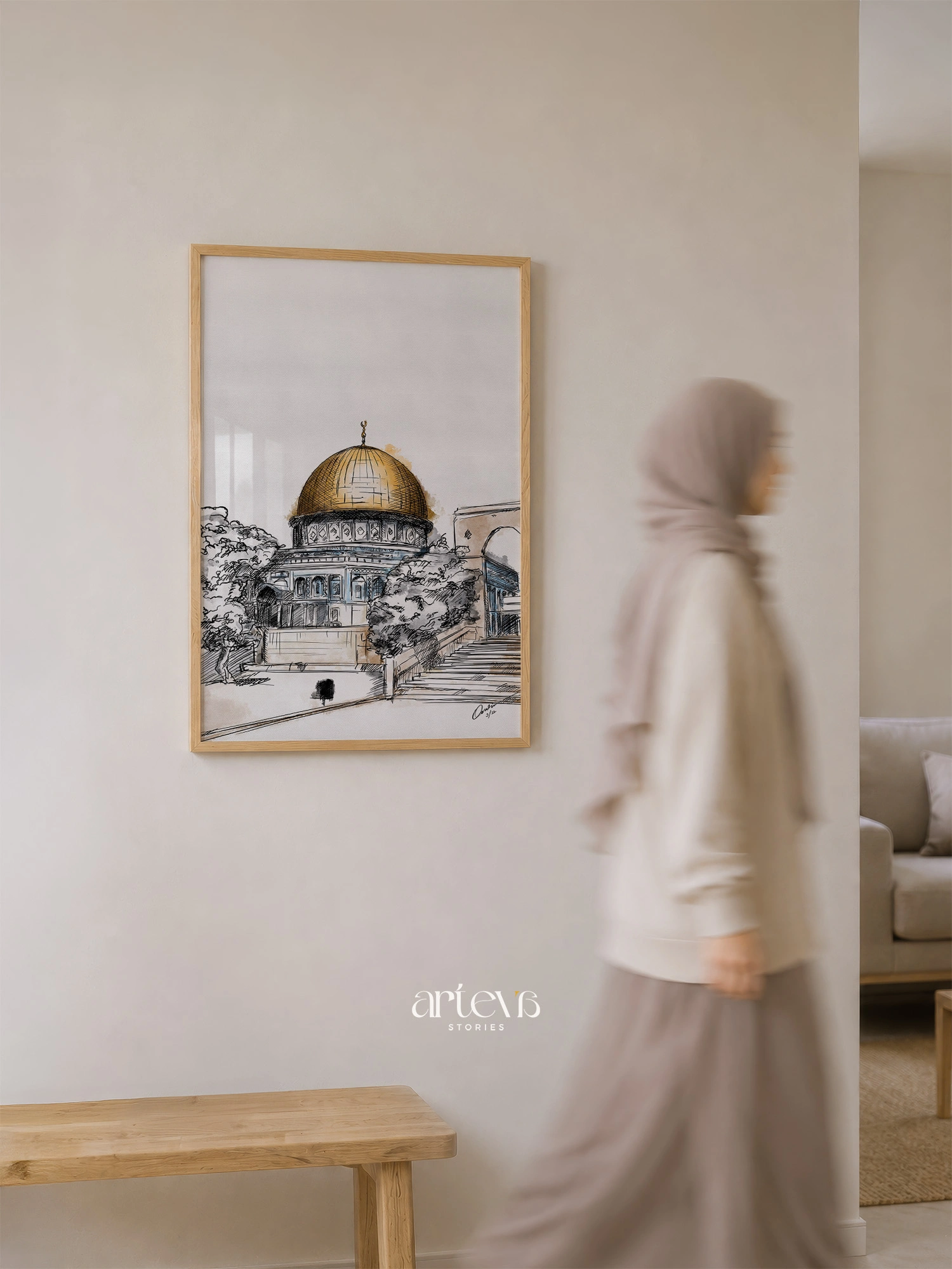 Dome of the Rock Wall Art - Palestine Sketch Watercolor - Gambar 5