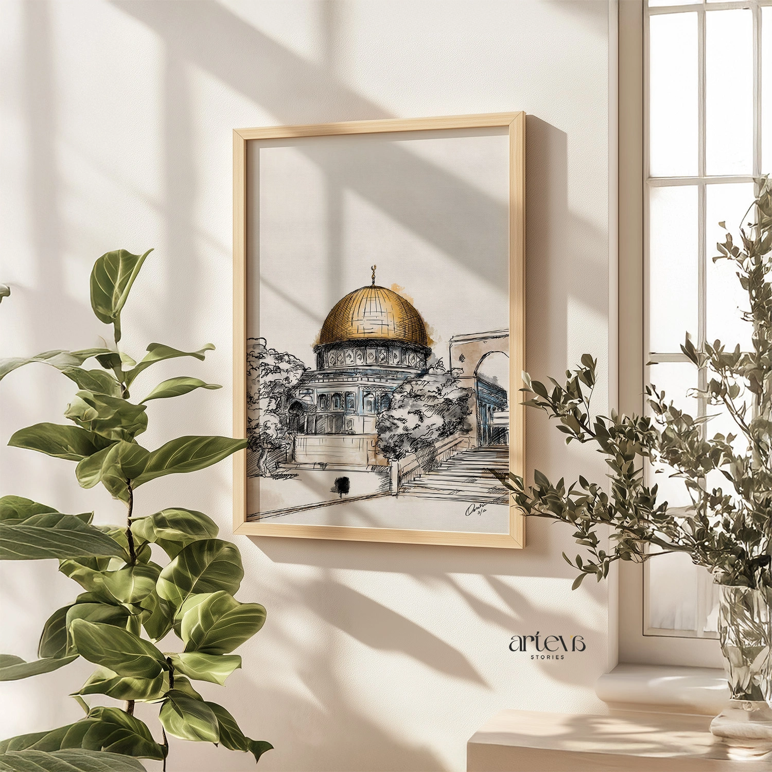 Dome of the Rock Wall Art - Palestine Sketch Watercolor - Gambar 8
