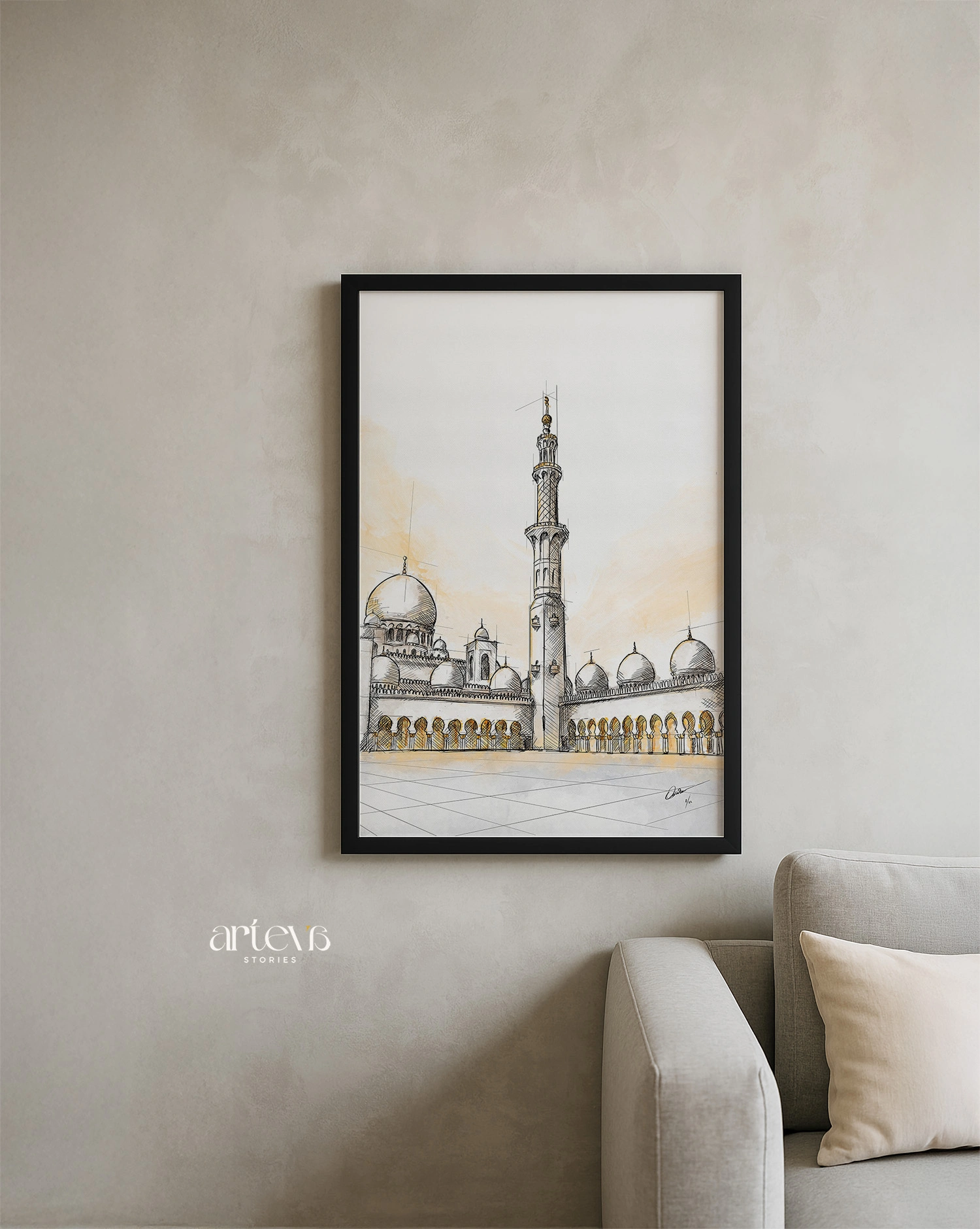 Sheikh Zayed Grand Mosque Wall Art - Abu Dhabi Sketch Watercolor - Gambar 3