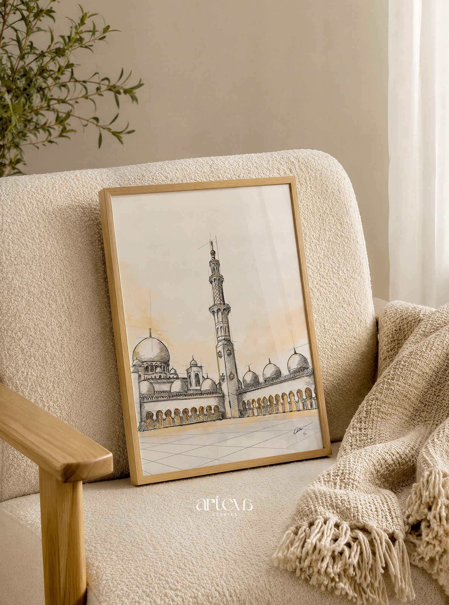 Sheikh Zayed Grand Mosque Wall Art - Abu Dhabi Sketch Watercolor - Gambar 4