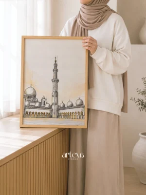 Sheikh Zayed Grand Mosque Wall Art bergaya sketch watercolor dengan kubah, menara, dan arsitektur Abu Dhabi yang elegan.