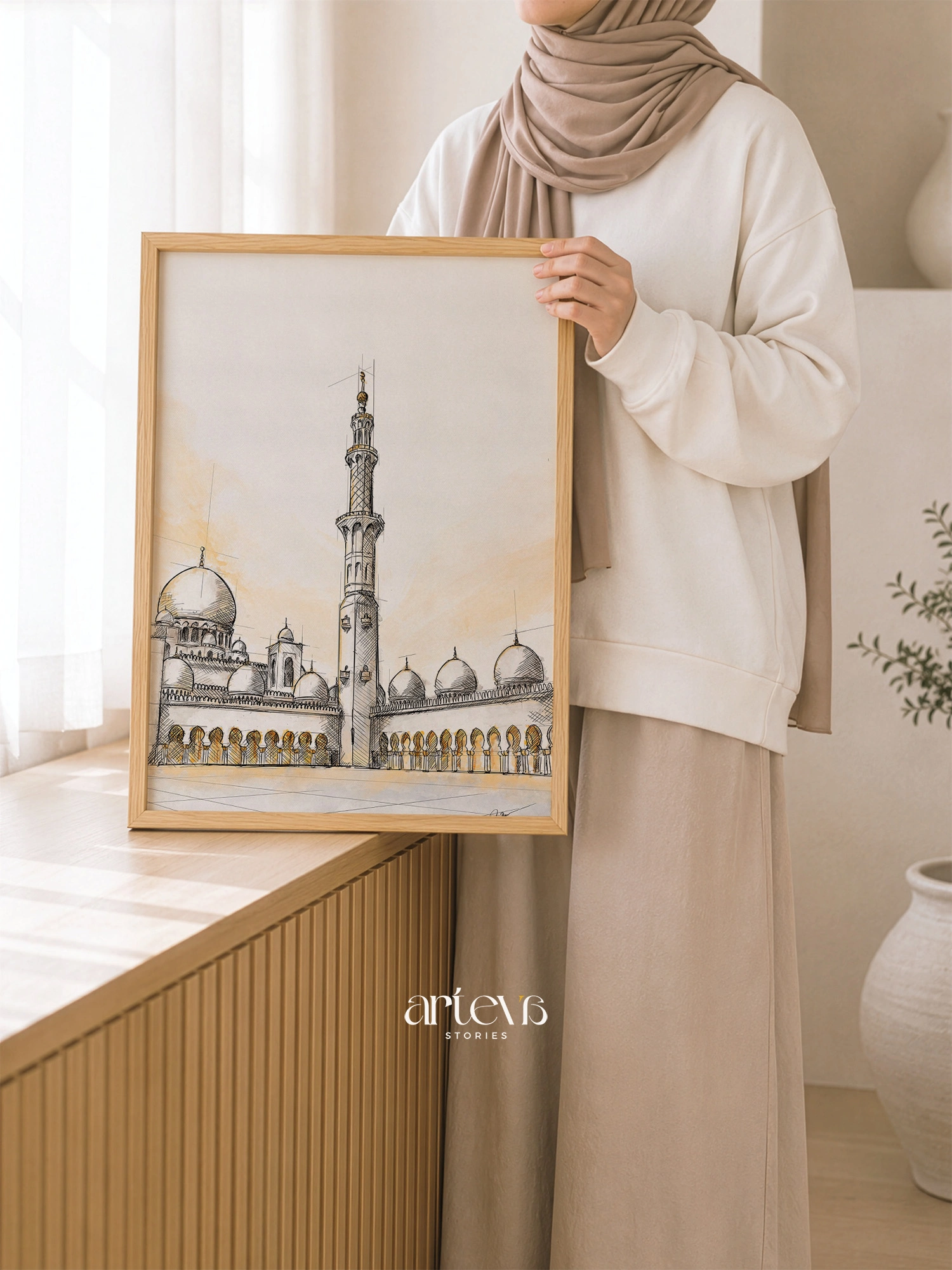 Sheikh Zayed Grand Mosque Wall Art bergaya sketch watercolor dengan kubah, menara, dan arsitektur Abu Dhabi yang elegan.