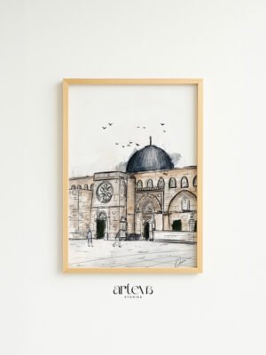 Masjid Al Aqsa Sketch Islamic wall art dengan ilustrasi masjid dan kubah biru gelap