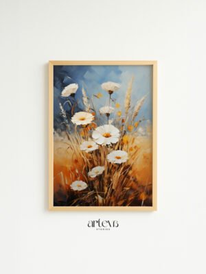 Golden Hour floral meadow wall art dengan bunga putih dan frame kayu natural