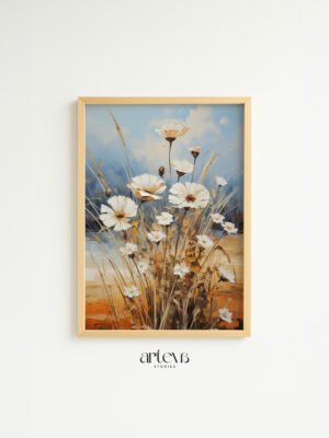 Spiros' Dream floral meadow wall art dengan bunga putih dan ilalang hangat
