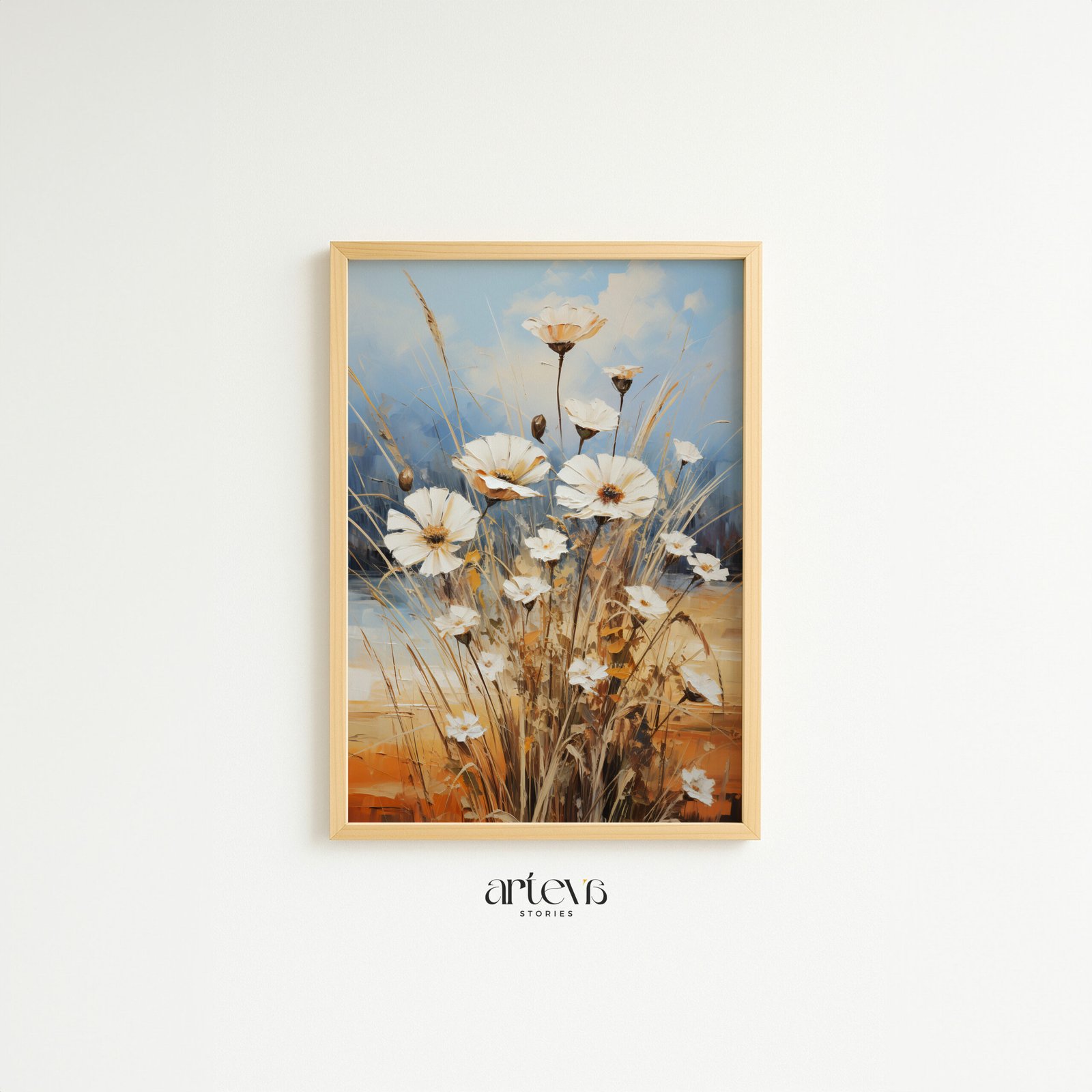 Spiros' Dream floral meadow wall art dengan bunga putih dan ilalang hangat