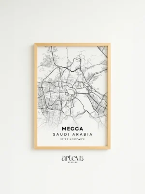 Mecca Map Poster Snow White city map wall art with minimalist white and black map design