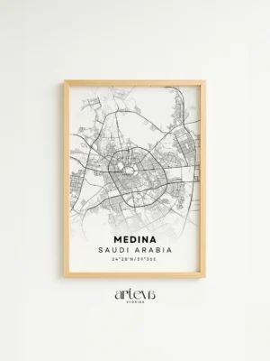 Medina Map Poster Snow White city map wall art with minimalist white and black map design