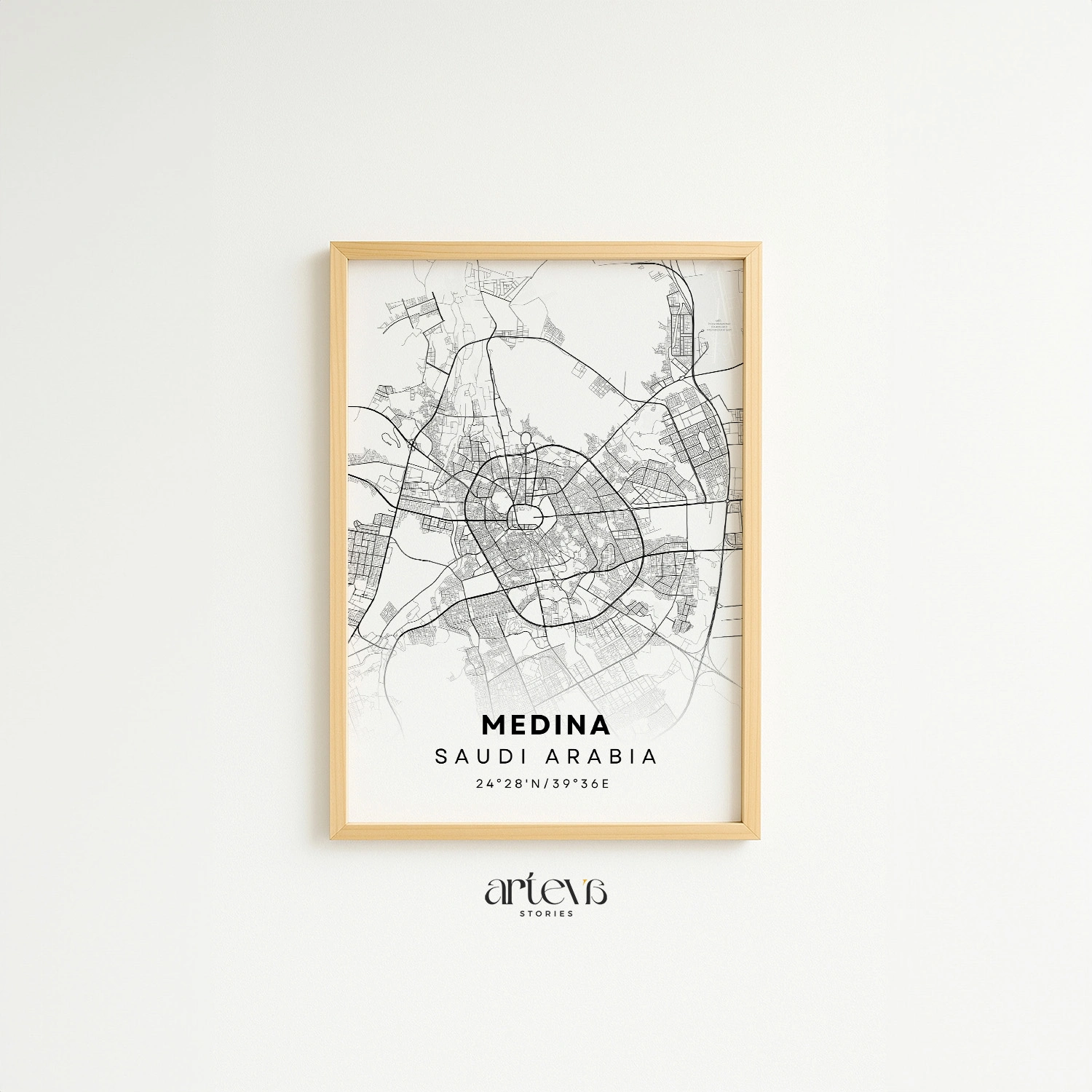 Medina Map Poster Snow White city map wall art with minimalist white and black map design
