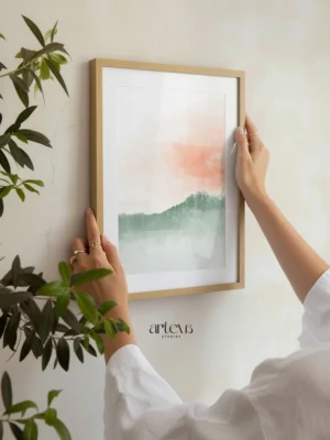 Lukisan abstract watercolor Calma seri Whispers of Calmness, peach dan sage green bertekstur kuas ekspresif, dekorasi dinding premium Arteva Stories