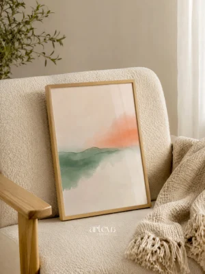 Lukisan abstract watercolor Zenith seri Whispers of Calmness, komposisi asimetris peach dan sage green dengan ruang putih luas, dekorasi dinding premium Arteva Stories