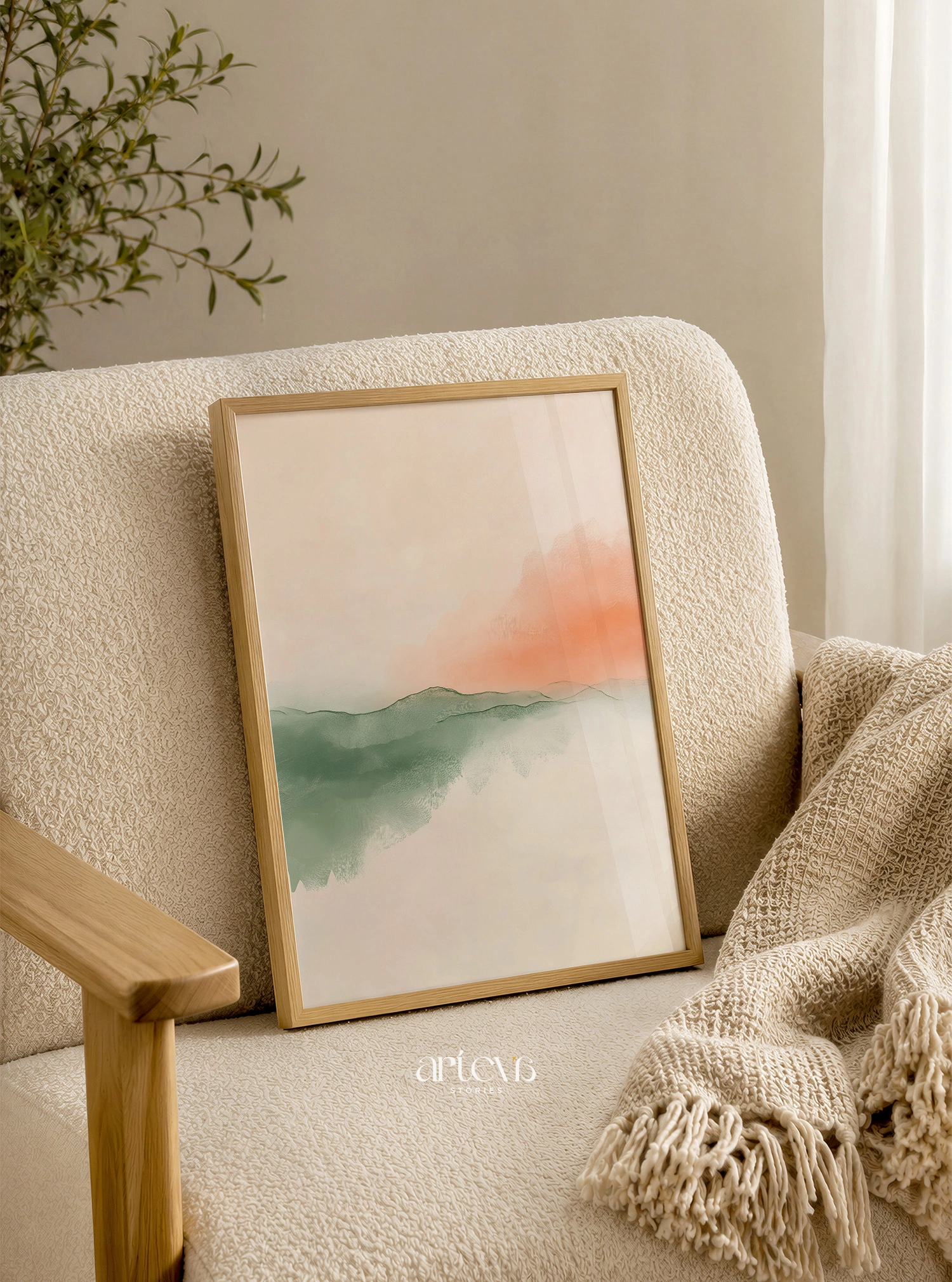 Lukisan abstract watercolor Zenith seri Whispers of Calmness, komposisi asimetris peach dan sage green dengan ruang putih luas, dekorasi dinding premium Arteva Stories