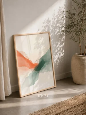 Lukisan abstract Ethereal Flow seri Veils of Tranquility, lapisan coral dan sage green bertransparansi dengan garis kontur, dekorasi dinding premium Arteva Stories