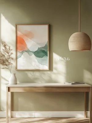 Lukisan abstract Radiant Drift seri Veils of Tranquility, coral bold dan sage green dinamis dengan garis kontur mengalir, dekorasi dinding premium Arteva Stories