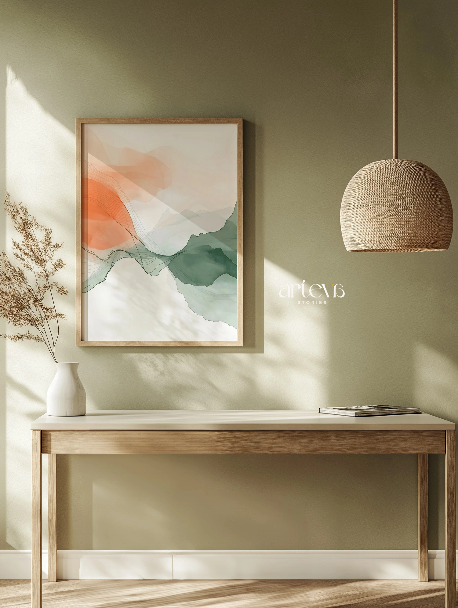 Lukisan abstract Radiant Drift seri Veils of Tranquility, coral bold dan sage green dinamis dengan garis kontur mengalir, dekorasi dinding premium Arteva Stories
