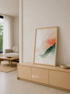 Lukisan abstract Serene Currents seri Veils of Tranquility, satu garis kurva membelah coral dan sage green minimalis, dekorasi dinding premium Arteva Stories