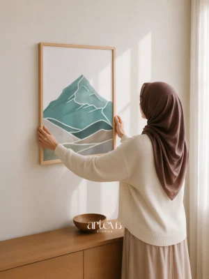 Abstract Mountain Serenity wall art with teal mountain illustration, white organic lines, natural pine frame, and minimalist modern interior styling