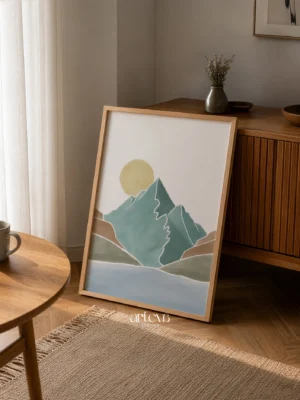 Twilight Hills minimalist mountain wall art with teal blue mountains, soft gold sun, calm lake, natural pine frame, and modern minimalist styling