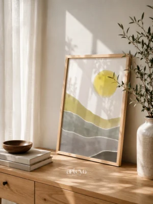 Sunset Peak minimalist sun wall art with soft yellow sun, sage green hills, grey beige landscape layers, natural pine frame, and modern minimalist style