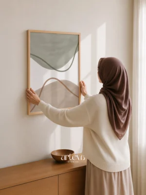 Sage Dune Flow abstract minimalist wall art with sage green organic shape, beige base, earthy brown curved line, and clean neutral composition in natural pine frame
