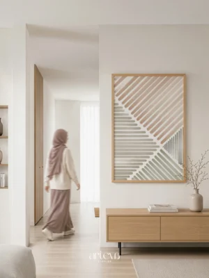 Blush Geometry Rhythm abstract geometric wall art with soft diagonal lines in blush beige, greige, sage green, and grey tones in minimalist frame