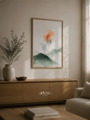 Lukisan abstract Tranquil Peak seri Artevam, lingkaran terracotta ranting telanjang dan pegunungan sage green berlapis, dekorasi dinding premium Arteva Stories