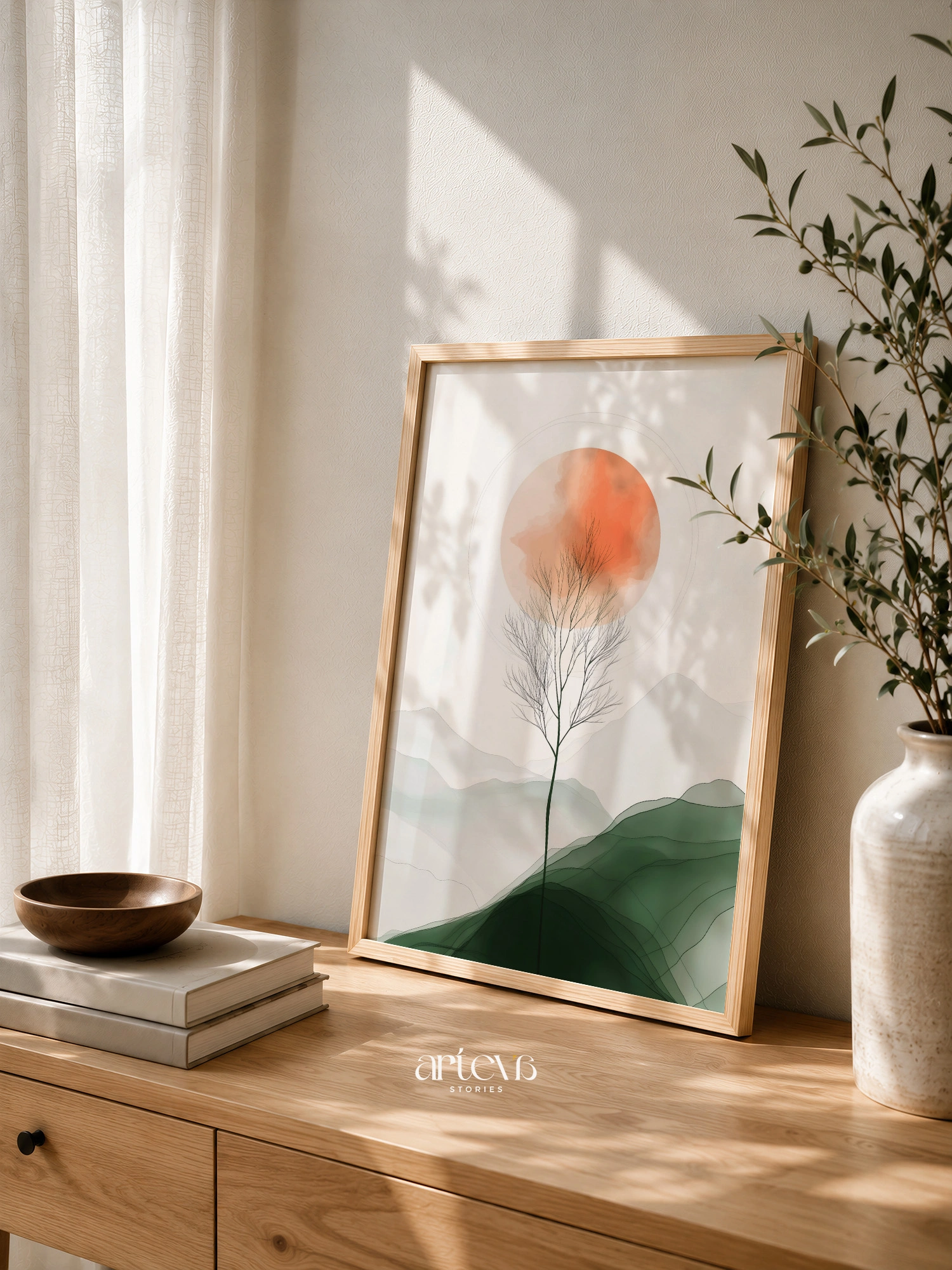 Lukisan abstract Radiant Sunrise seri Artevam, lingkaran terracotta matahari terbit di atas pegunungan sage green, dekorasi dinding premium Arteva Stories