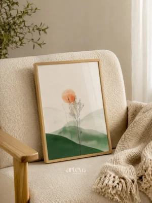 Lukisan abstract Gentle Breeze seri Artevam, ranting dan pegunungan sage green asimetris dengan lingkaran terracotta tinggi, dekorasi dinding premium Arteva Stories