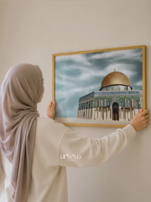 Dome of the Rock Wall Art bergaya landscape, menampilkan kubah emas ikonik Palestina dengan nuansa Islami yang elegan, artistik, dan meaningful.