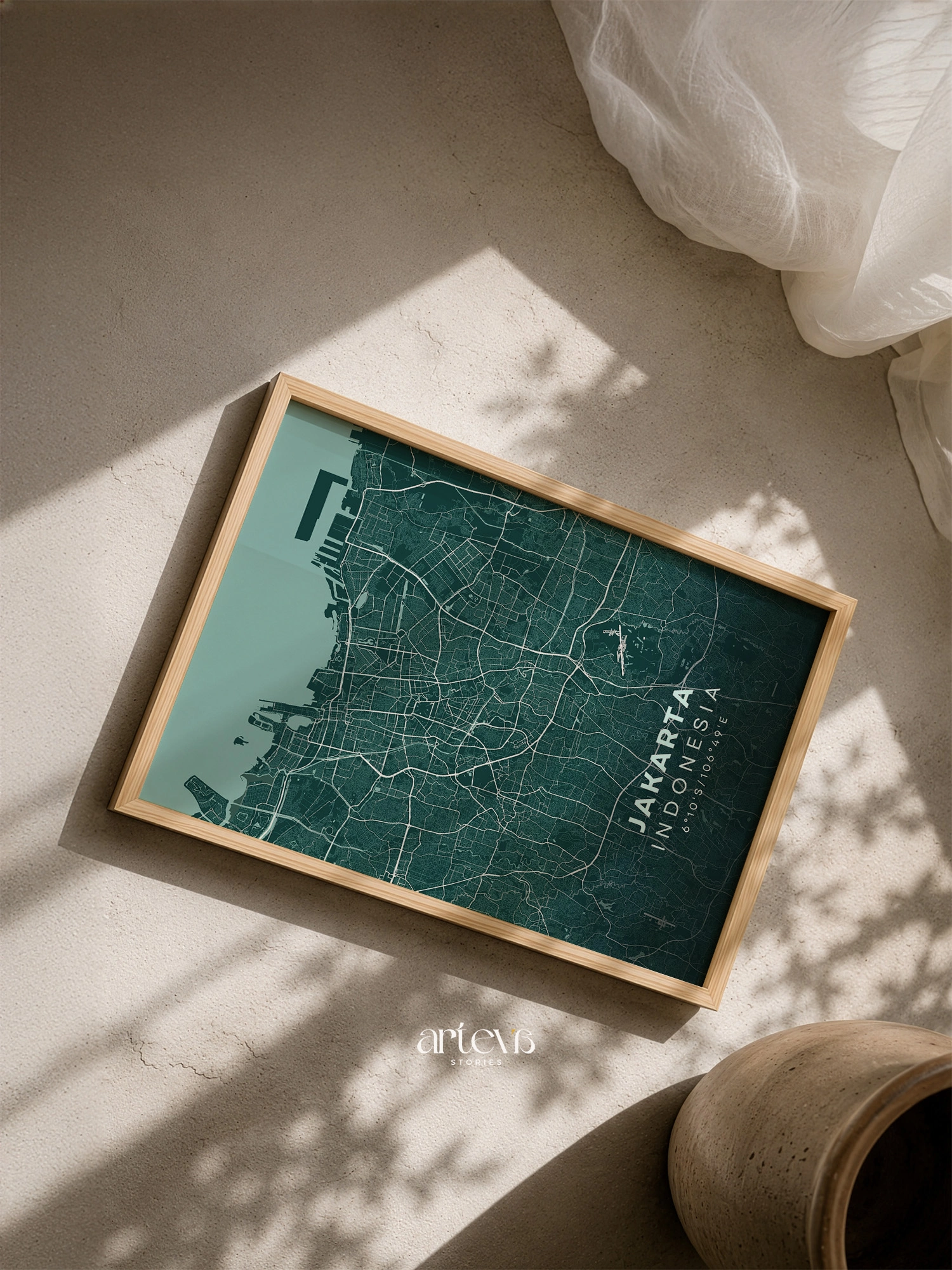 Jakarta City Map Poster Emerald Forest Indonesia wall art hijau gelap dengan frame kayu pinus natural