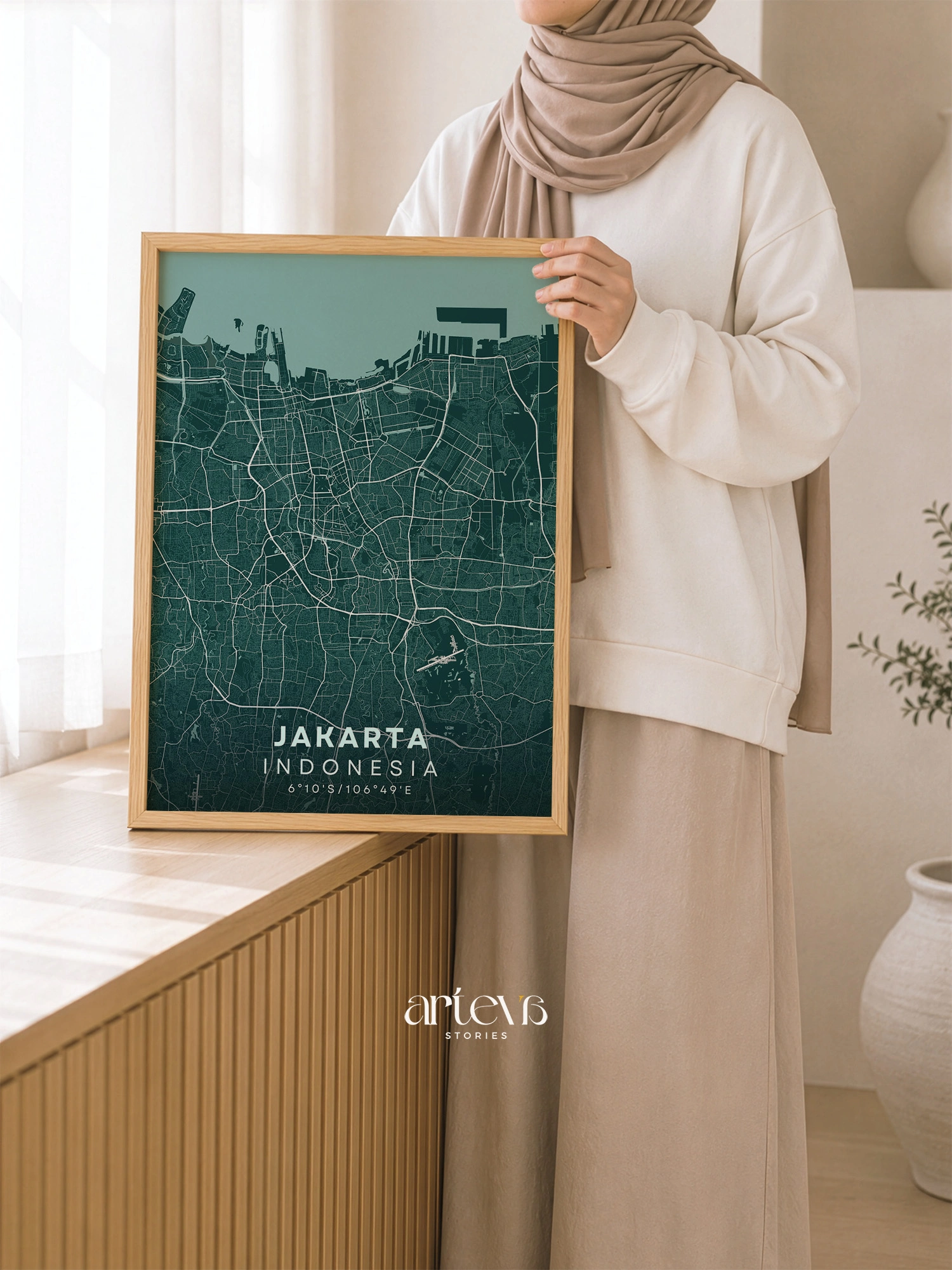 Jakarta (Indonesia) City Map Wall Art - Emerald Forest - Gambar 5