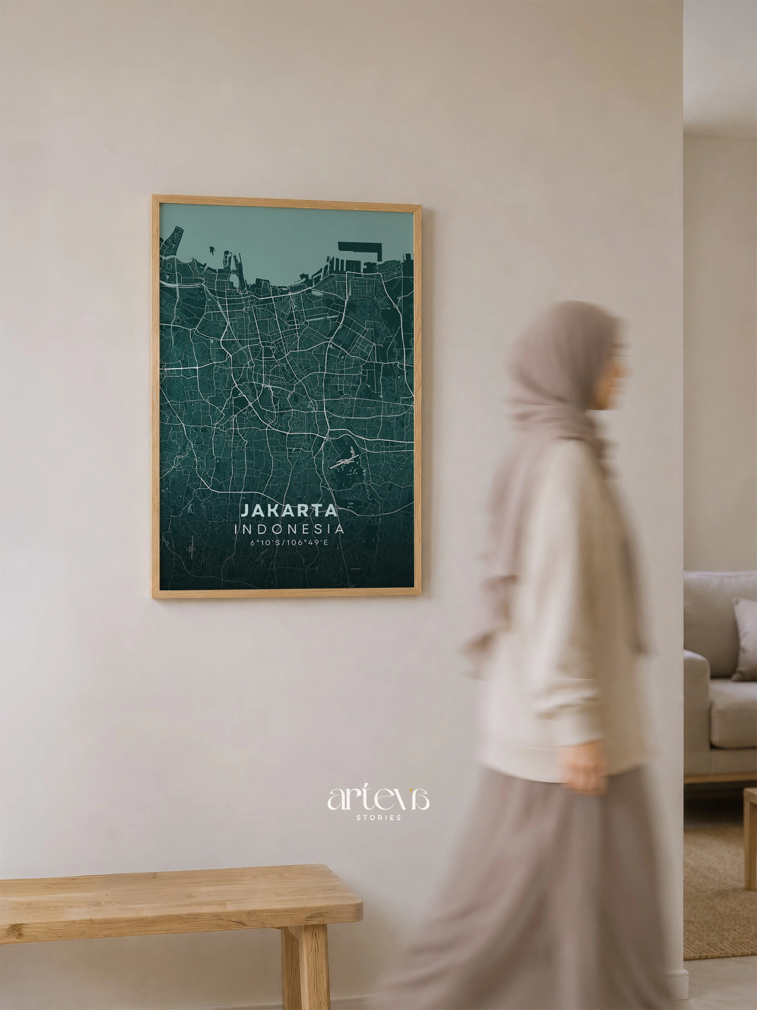 Jakarta (Indonesia) City Map Wall Art - Emerald Forest - Gambar 6