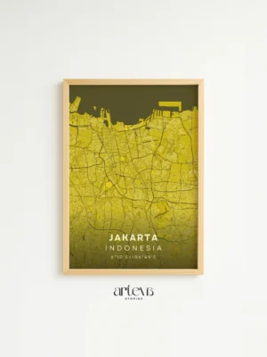 Jakarta City Map Poster Golden Dusk Indonesia wall art kuning emas dengan frame kayu pinus natural