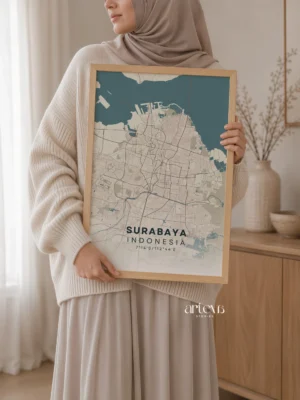 Surabaya (Indonesia) City Map Wall Art - Nordic Beige