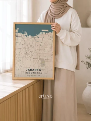 Jakarta City Map Poster Nordic Beige Indonesia wall art warna cream beige dengan frame kayu pinus natural