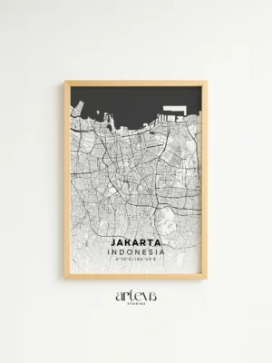 Jakarta City Map Poster Snow White Indonesia wall art dengan frame kayu pinus natural