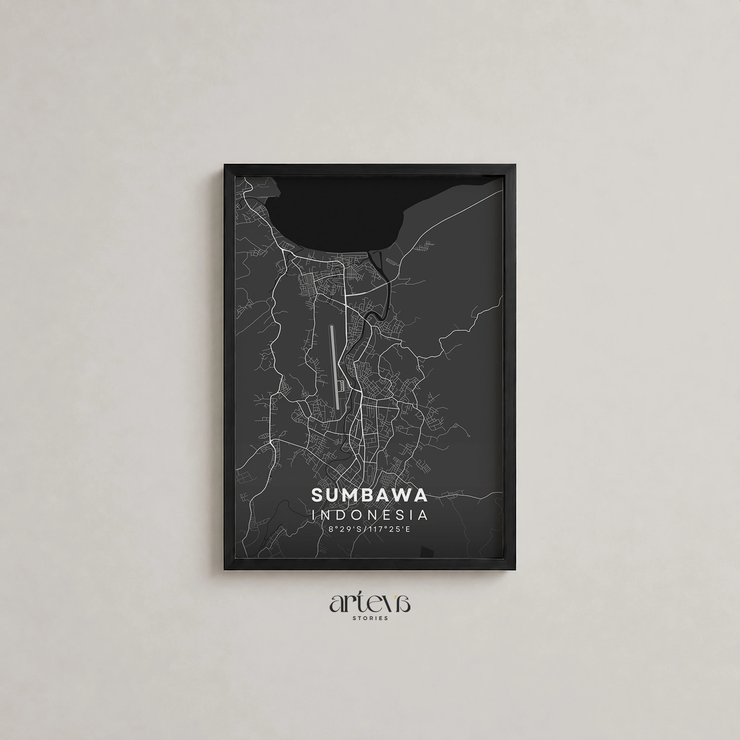 Sumbawa (Indonesia) City Map Poster Wall Art - Midnight Shadow