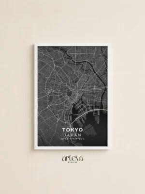 Tokyo Japan city map wall art in dark monochrome style with detailed street network