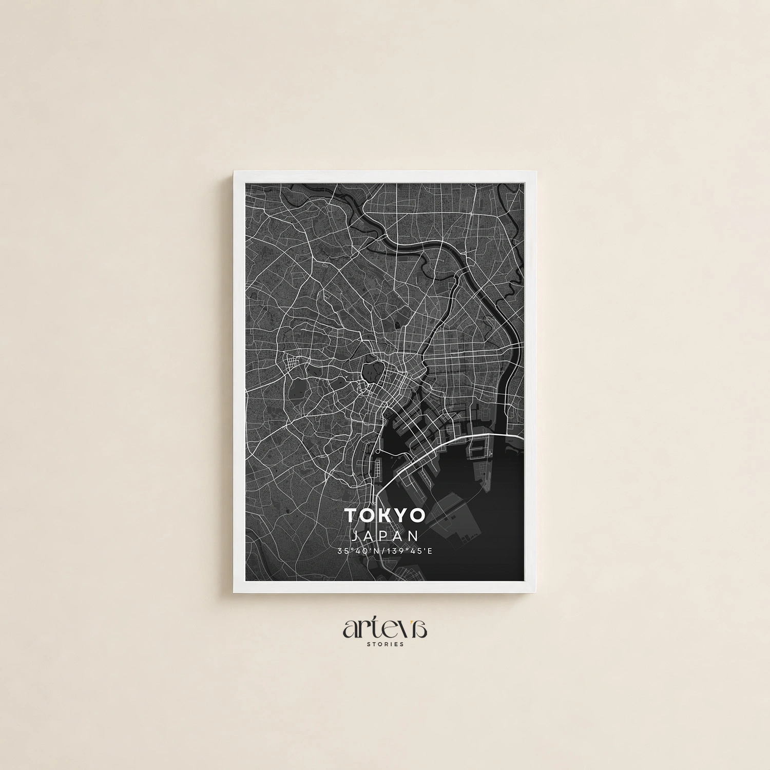 Tokyo Japan city map wall art in dark monochrome style with detailed street network